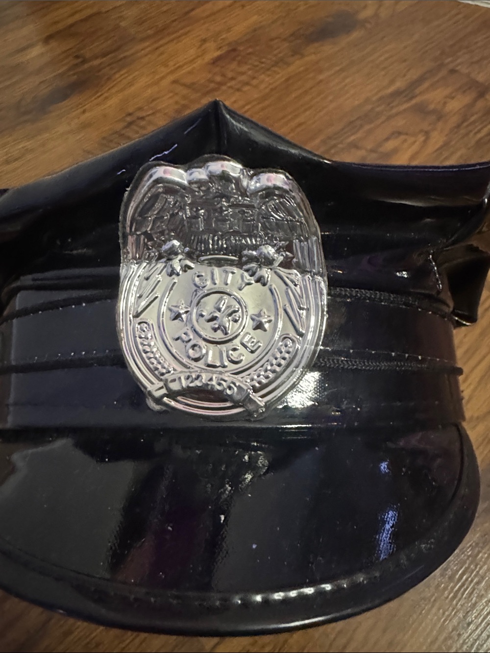Black Police-Style Faux Leather Cap with Silver Badge